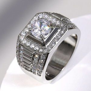 🎁 Fever Square Glitter Zircon Silver Chunky Wedding Rings for Man, PD663